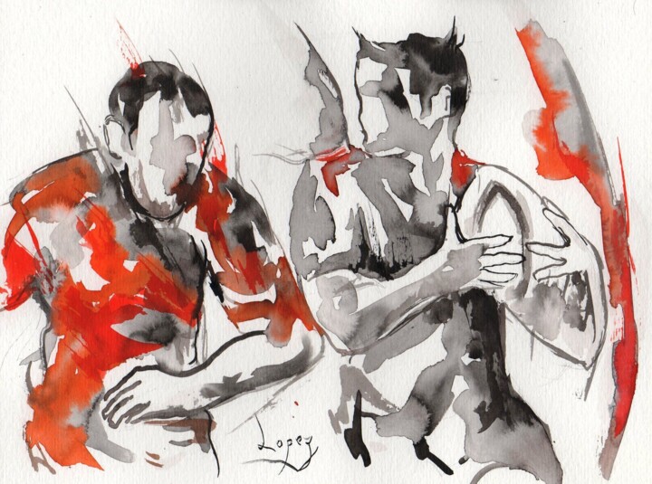 Painting titled "39 rugby" by Jean-Luc Lopez, Original Artwork, Ink