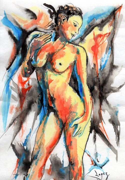 Painting titled "446 Bleue nue" by Jean-Luc Lopez, Original Artwork, Ink