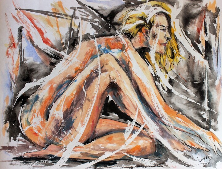 Malerei mit dem Titel "501 Jeune femme blo…" von Jean-Luc Lopez, Original-Kunstwerk, Aquarell