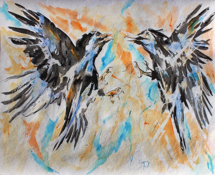 Pintura intitulada "457 Combat de corbe…" por Jean-Luc Lopez, Obras de arte originais, Aquarela