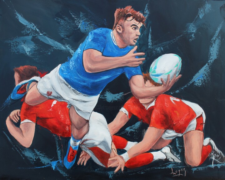 Painting titled "1238 Nuit de rugby" by Jean-Luc Lopez, Original Artwork, Acrylic Mounted on Wood Stretcher frame