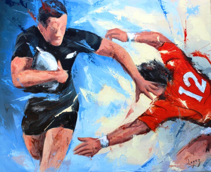 Painting titled "1414 Rugby" by Jean-Luc Lopez, Original Artwork, Oil Mounted on Wood Stretcher frame