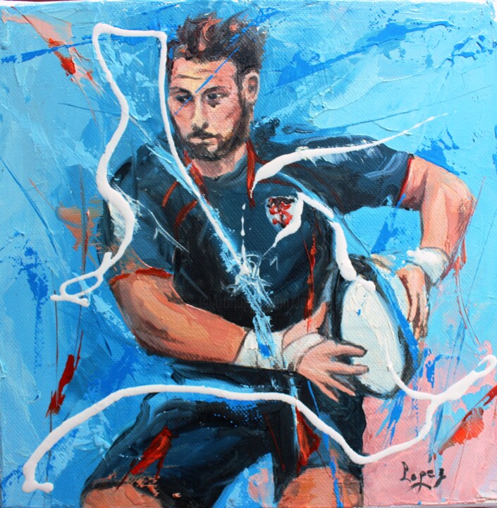 Painting titled "1412 Rugby Toulousa…" by Jean-Luc Lopez, Original Artwork, Oil Mounted on Wood Stretcher frame