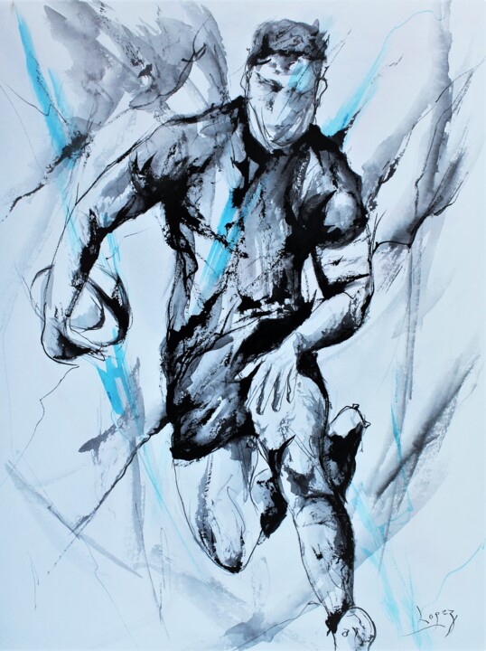 Ζωγραφική με τίτλο "523 : Rugby bleu no…" από Jean-Luc Lopez, Αυθεντικά έργα τέχνης, Μελάνι
