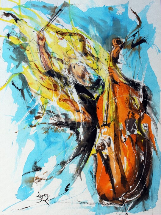 Schilderij getiteld "540 : Violoncelle d…" door Jean-Luc Lopez, Origineel Kunstwerk, Inkt