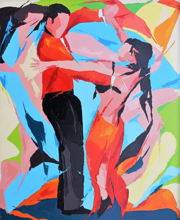 Painting titled "497 Tango en rouge…" by Jean-Luc Lopez, Original Artwork, Acrylic Mounted on Wood Stretcher frame