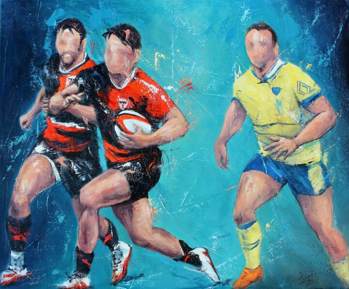 Painting titled "1491 Rugby d'équipe" by Jean-Luc Lopez, Original Artwork, Acrylic Mounted on Wood Stretcher frame