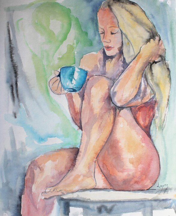 Peinture intitulée "581 Nue à la tasse" par Jean-Luc Lopez, Œuvre d'art originale, Encre