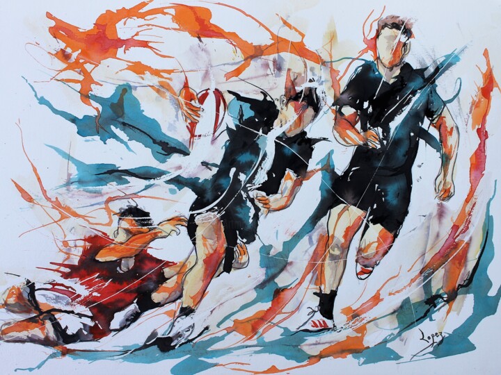 Painting titled "602 rugby de contre…" by Jean-Luc Lopez, Original Artwork, Ink