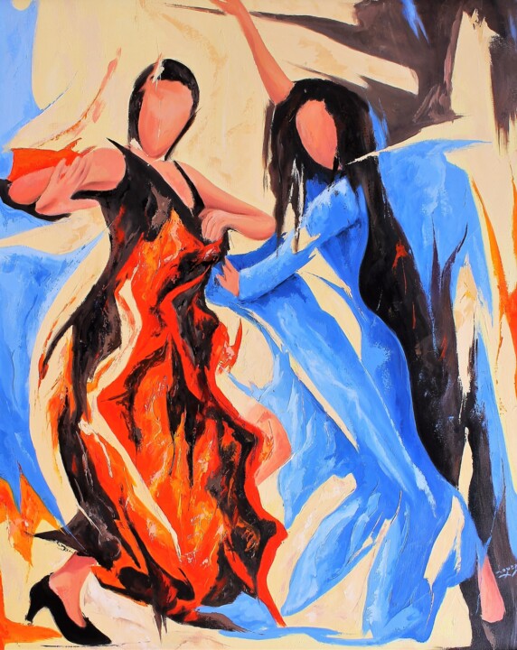 Schilderij getiteld "570 Flamenco" door Jean-Luc Lopez, Origineel Kunstwerk, Olie Gemonteerd op Frame voor houten brancard