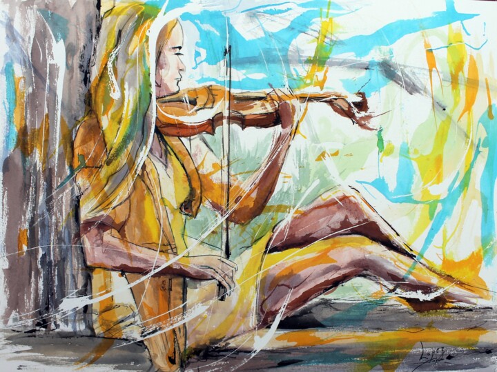 Peinture intitulée "550 Violon à la fen…" par Jean-Luc Lopez, Œuvre d'art originale, Encre