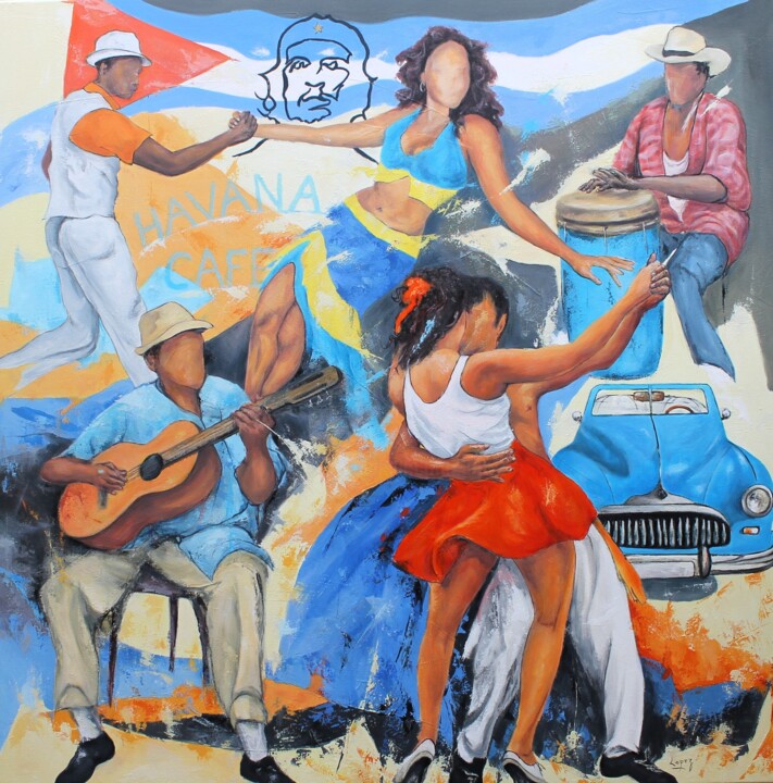 Painting titled "1610 Havana Café" by Jean-Luc Lopez, Original Artwork, Acrylic Mounted on Wood Stretcher frame