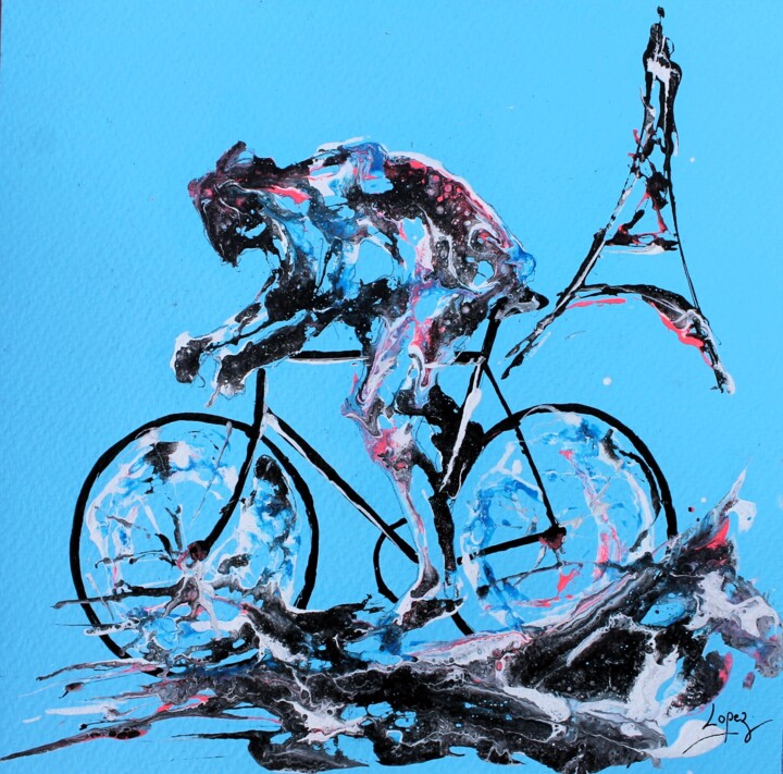 Painting titled "1621 Cyclisme aux j…" by Jean-Luc Lopez, Original Artwork, Acrylic Mounted on Wood Panel
