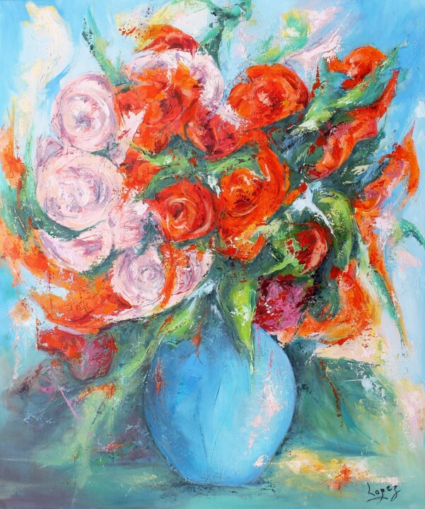 Peinture intitulée "Bouquet de roses an…" par Jean-Luc Lopez, Œuvre d'art originale, Huile Monté sur Châssis en bois