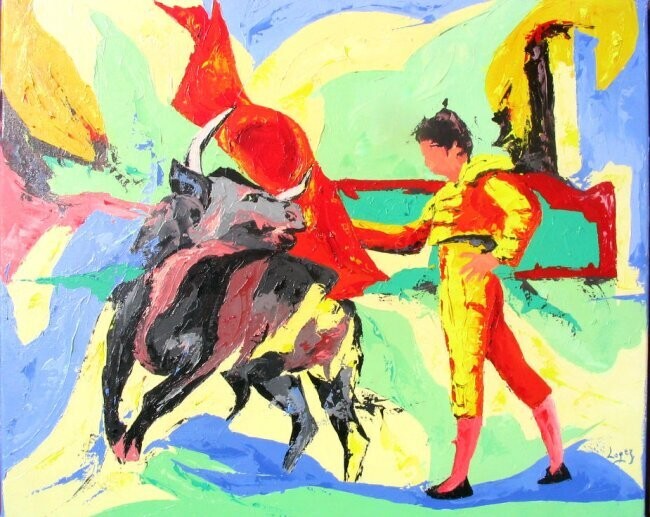 Painting titled "Vert corrida" by Jean-Luc Lopez, Original Artwork, Acrylic Mounted on Wood Stretcher frame