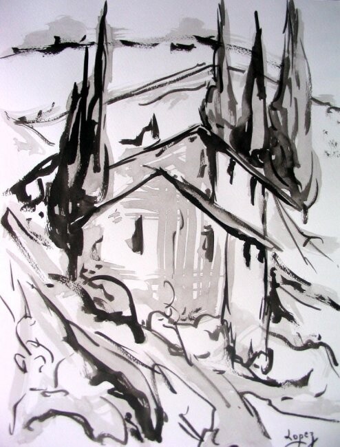 Painting titled "24 Le Mas" by Jean-Luc Lopez, Original Artwork, Ink