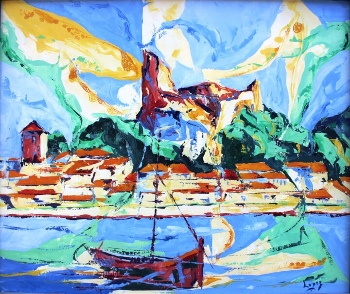 Painting titled "Barque à Gruissan" by Jean-Luc Lopez, Original Artwork, Oil Mounted on Wood Stretcher frame