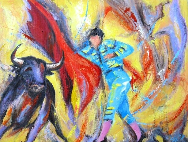 Painting titled "Violet corrida" by Jean-Luc Lopez, Original Artwork, Oil Mounted on Wood Stretcher frame