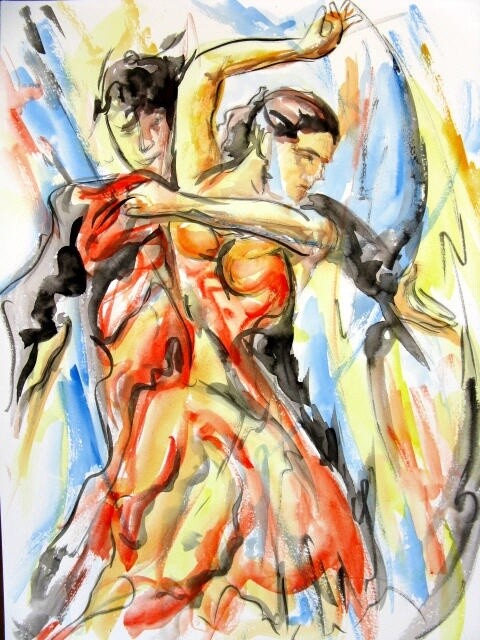 Peinture intitulée "Couple de flamenco" par Jean-Luc Lopez, Œuvre d'art originale, Aquarelle