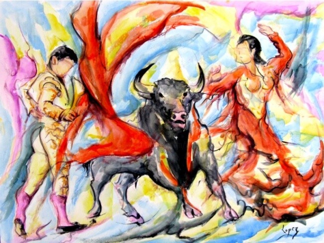 Painting titled "Corrida au flamenco" by Jean-Luc Lopez, Original Artwork, Watercolor