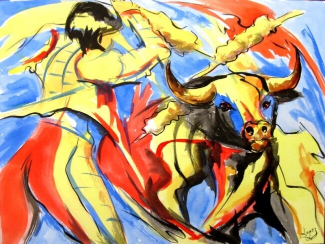 Painting titled "105 Corrida" by Jean-Luc Lopez, Original Artwork, Watercolor