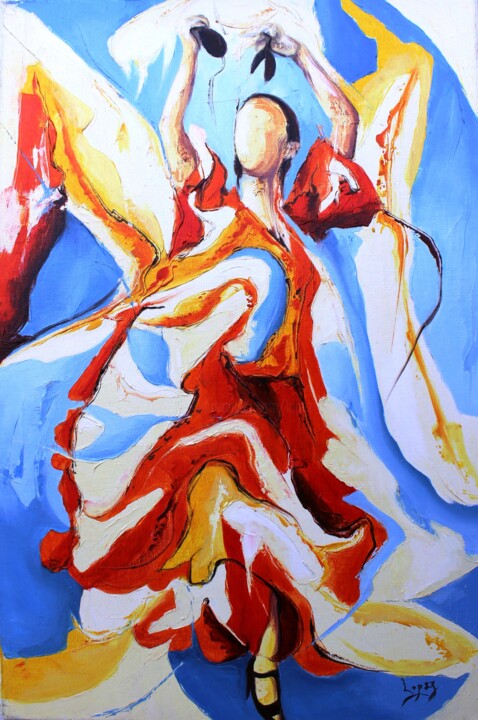 Painting titled "916- Flamenco" by Jean-Luc Lopez, Original Artwork, Oil Mounted on Wood Stretcher frame