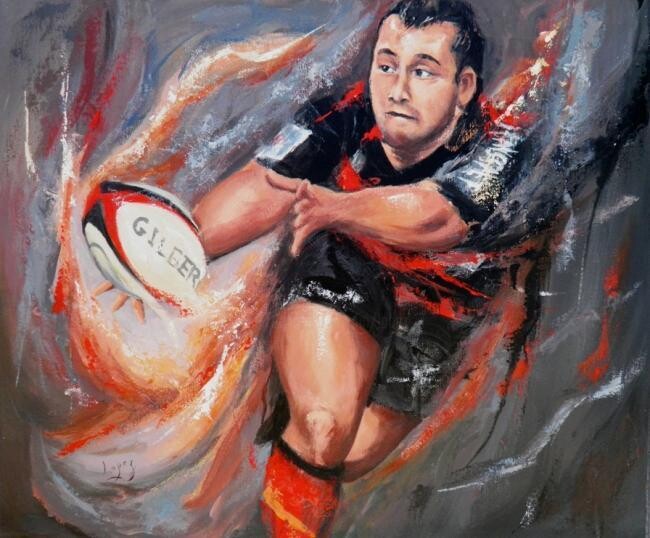 Schilderij getiteld "Rugby de passes à T…" door Jean-Luc Lopez, Origineel Kunstwerk, Acryl Gemonteerd op Frame voor houten b…