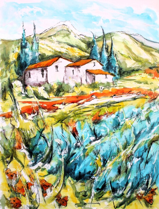 Painting titled "173 Mas du Lavandou" by Jean-Luc Lopez, Original Artwork, Watercolor