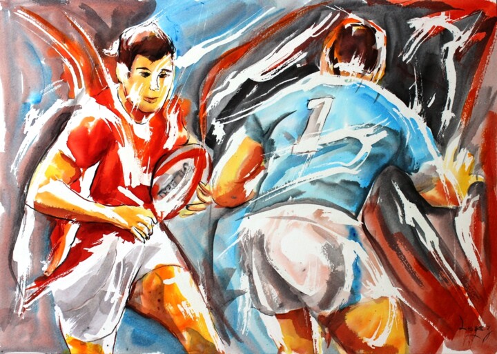 Painting titled "Rugby en rouge et b…" by Jean-Luc Lopez, Original Artwork, Ink