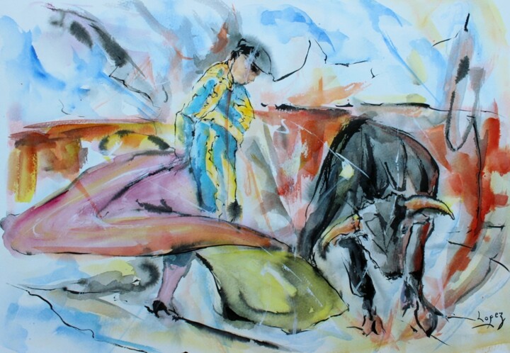 Painting titled "Jeune taureau" by Jean-Luc Lopez, Original Artwork, Ink