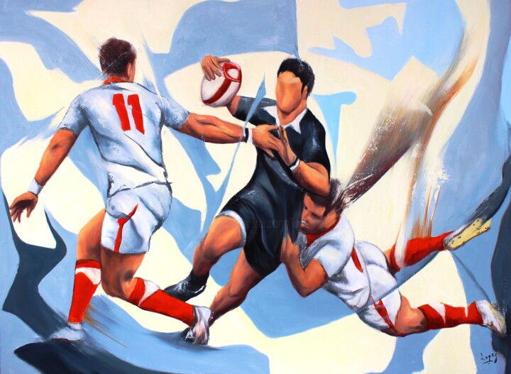 Painting titled "Rugby double lame" by Jean-Luc Lopez, Original Artwork, Acrylic Mounted on Wood Stretcher frame