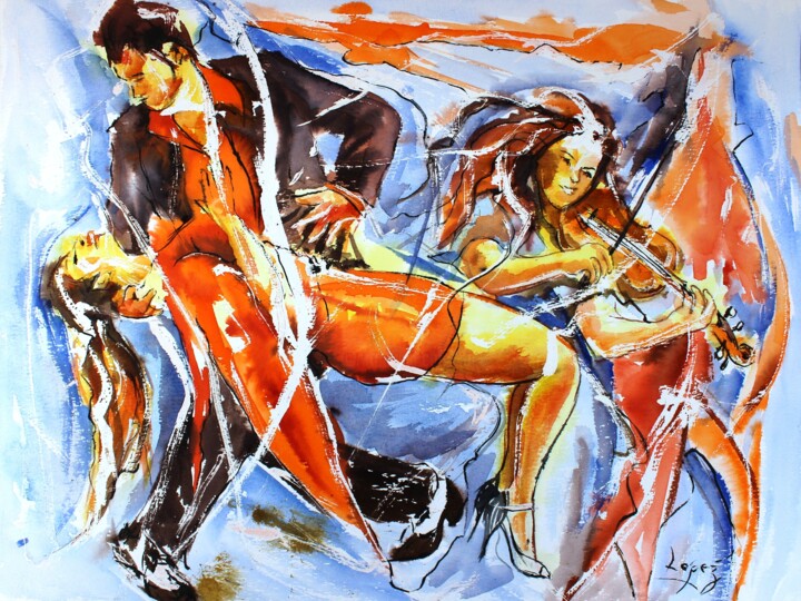 Painting titled "300 Tango au violon" by Jean-Luc Lopez, Original Artwork, Ink