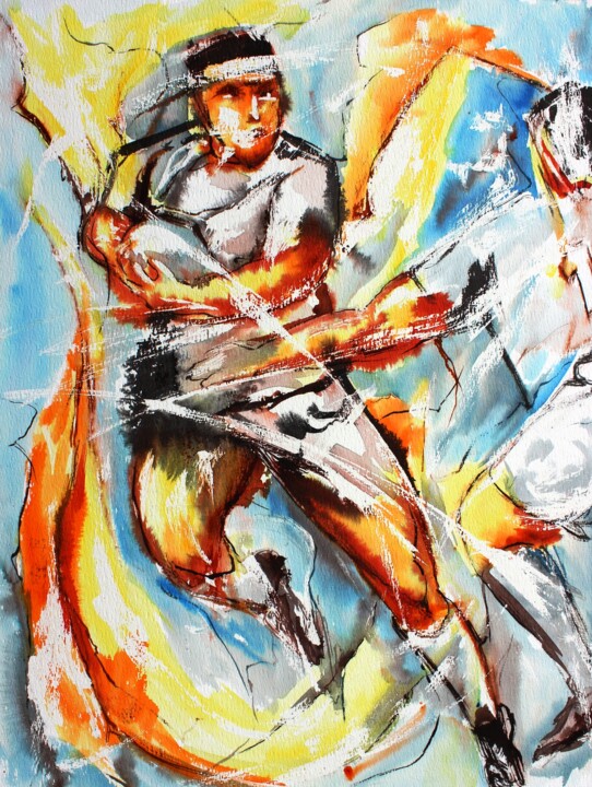Painting titled "Rugby au cordeau" by Jean-Luc Lopez, Original Artwork, Ink