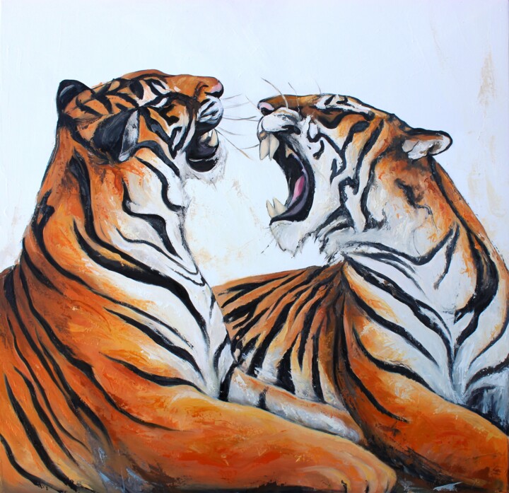 Painting titled "Parole de tigres" by Jean-Luc Lopez, Original Artwork, Oil Mounted on Wood Stretcher frame