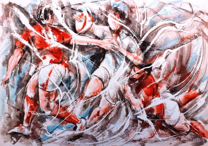Pintura titulada "318 Rugby en rouge…" por Jean-Luc Lopez, Obra de arte original, Acuarela