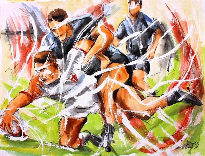 Painting titled "329 Essai de rugby" by Jean-Luc Lopez, Original Artwork, Ink