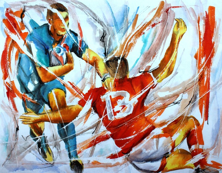 Peinture intitulée "330 Rugby en croix" par Jean-Luc Lopez, Œuvre d'art originale, Encre