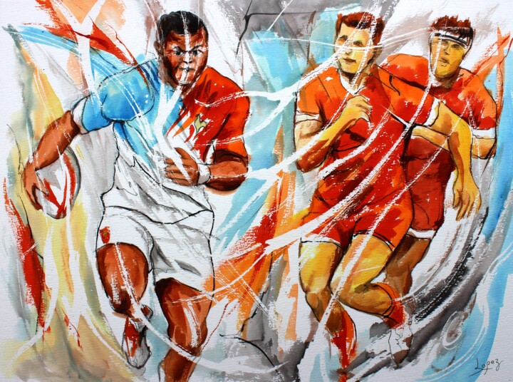Painting titled "333 Rugby à sept" by Jean-Luc Lopez, Original Artwork, Ink