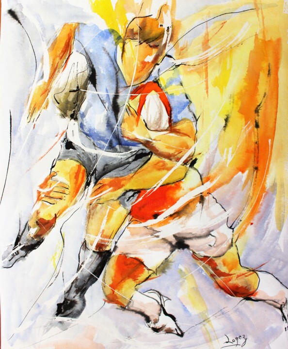 Schilderij getiteld "Plaquage de rugby" door Jean-Luc Lopez, Origineel Kunstwerk, Inkt