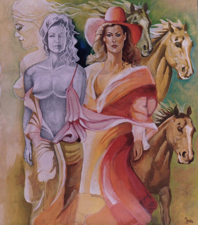 Painting titled "Femmes-aux-chevaux" by Jean Luc Marès, Original Artwork, Oil