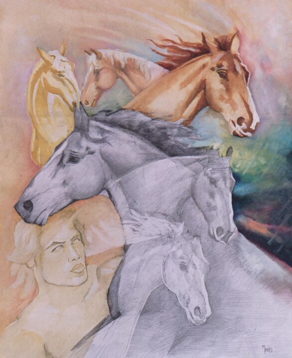 Ζωγραφική με τίτλο "L'homme aux chevaux" από Jean Luc Marès, Αυθεντικά έργα τέχνης, Λάδι