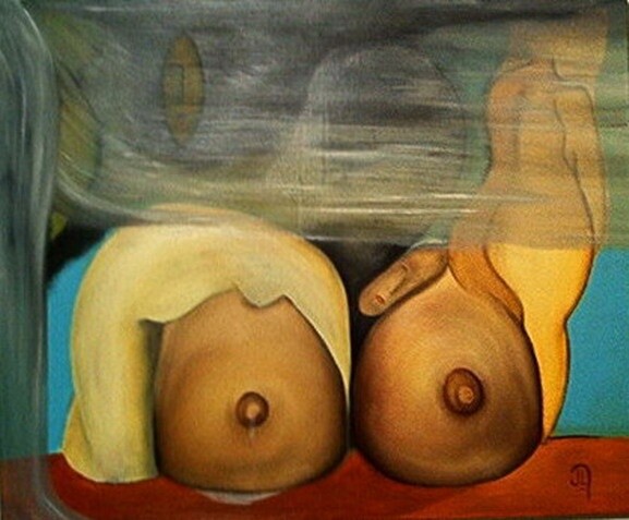 Peinture intitulée "CACHEZ CES SEINS!" par Jean Luc Masini, Œuvre d'art originale, Huile