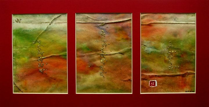 Painting titled "105-tryptique-35X18…" by Jean-Luc Pengam, Original Artwork, Ink Mounted on Cardboard