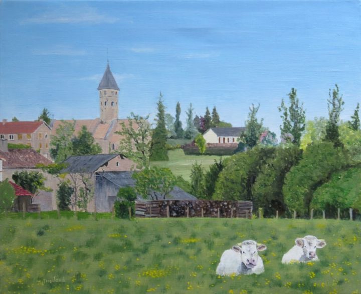 Painting titled "EGLISE DE MONTBELLET" by Jean-Luc Tranchand, Original Artwork, Oil