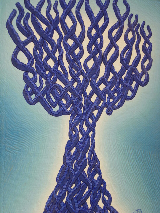 Painting titled ""bleu arbre"" by Jean Marc Boissy, Original Artwork, Oil Mounted on Wood Stretcher frame