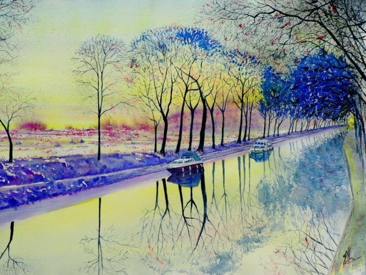 Painting titled "Canal du "Matin"" by Jean Marc Collombat, Original Artwork, Watercolor