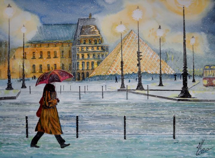 Peinture intitulée "neige sur pyramide" par Jean Marc Collombat, Œuvre d'art originale, Aquarelle