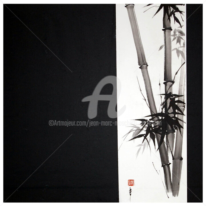 제목이 "Bambous carré noir"인 미술작품 Jean-Marc Moschetti (encre-zen)로, 원작, 잉크 나무 들것 프레임에 장착됨