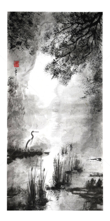 Painting titled "Nocturne" by Jean-Marc Moschetti (encre-zen), Original Artwork, Ink Mounted on Wood Stretcher frame
