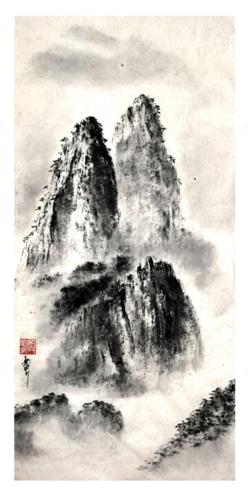 Painting titled "Montagnes des Huang…" by Jean-Marc Moschetti (encre-zen), Original Artwork, Ink Mounted on Wood Stretcher f…